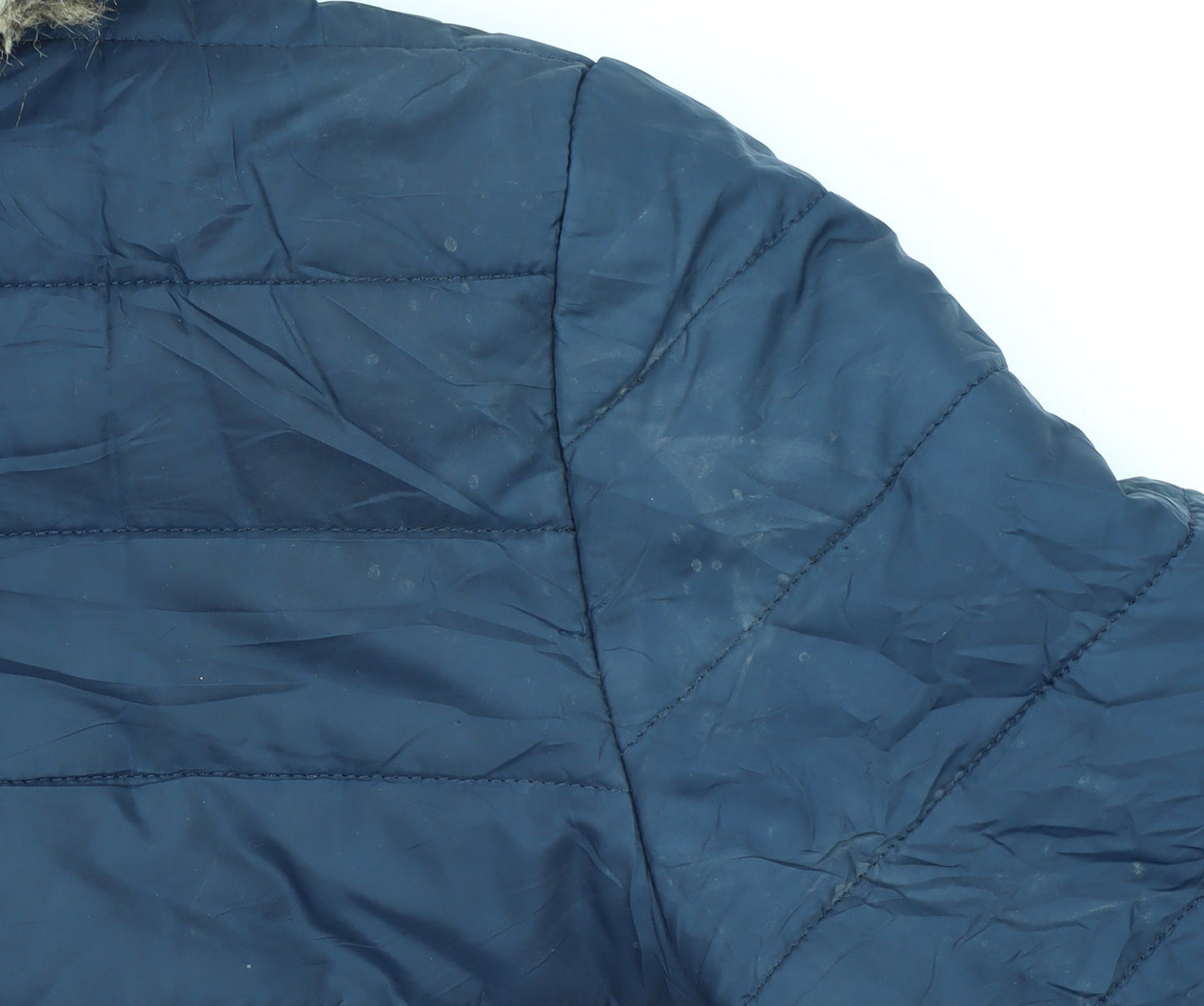 Barbour Women's Blue Long Hooded Puffer Coat Size 8 Faux Fur Trim