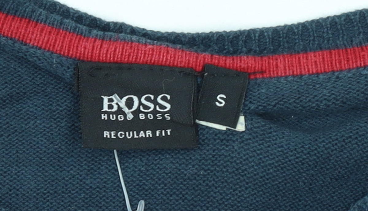 HUGO BOSS Men's Blue V-Neck Cotton Jumper Size S Regular Fit