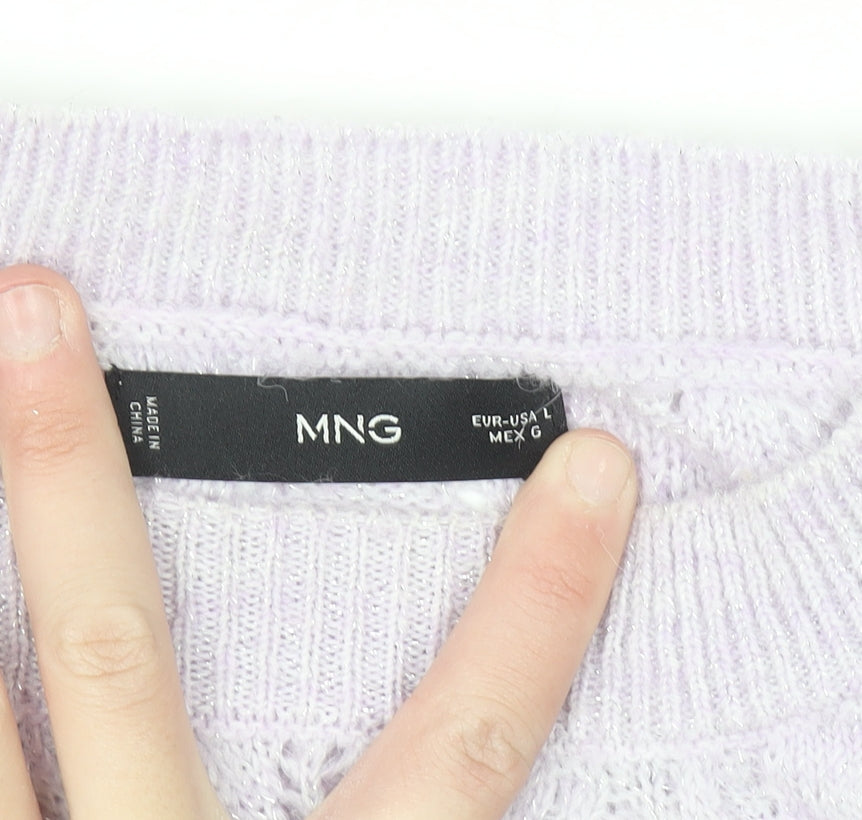 Mango Women's Purple Open-Knit Crew Neck Jumper Size L