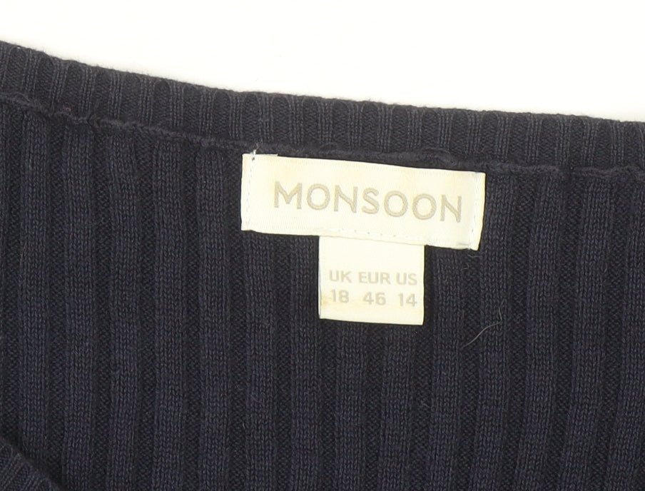 Monsoon Women Blue Long Sleeve Round Neck Cotton Cardigan Size 18