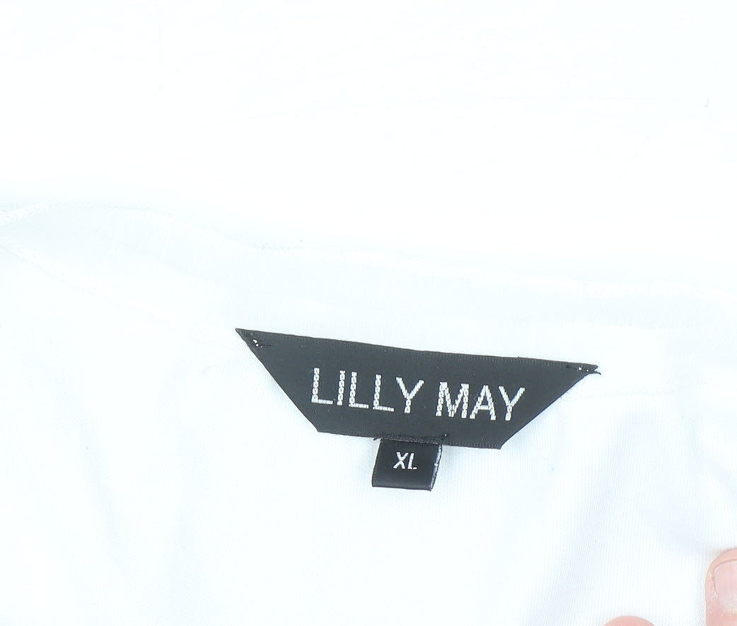 Lilly May Women’s White Floral Embroidered V-Neck Short Sleeve T-Shirt XL