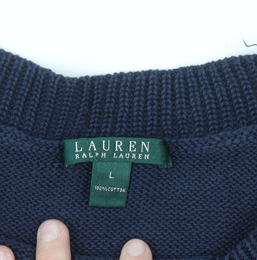 Ralph Lauren Women Blue Cotton Knit Jumper L Crew Neck Long Sleeve