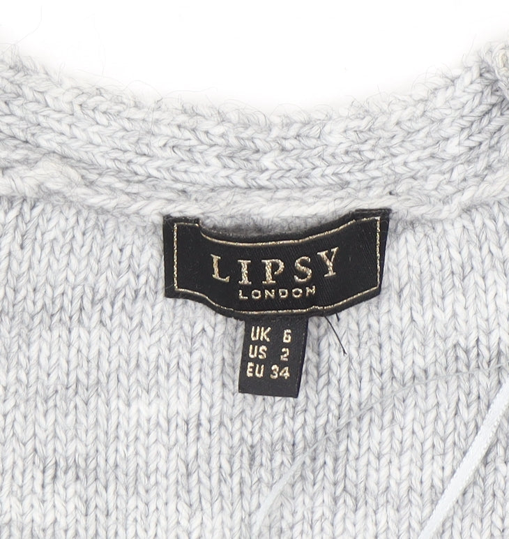 Lipsy Women’s Grey Cable-Knit V-Neck Jumper Size 6