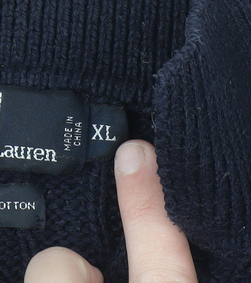 Ralph Lauren Men's Blue XL Cable-Knit Cotton Collared Jumper