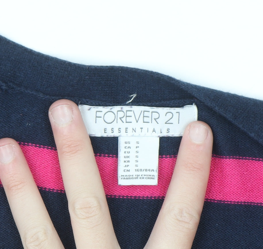 Forever 21 Women's Navy & Pink Striped V-Neck Cardigan Size S