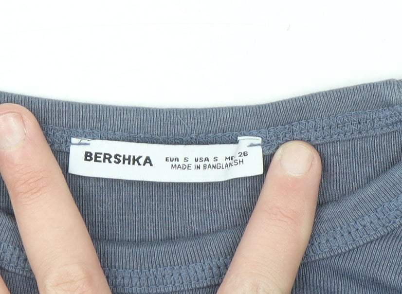 Bershka Women Blue Cropped Long Sleeve Crew Neck Denmark Graphic T-Shirt S