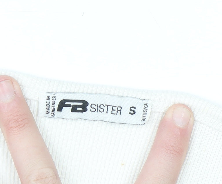 FB Sister Women's White Cropped Button-Up Ribbed Top Size S