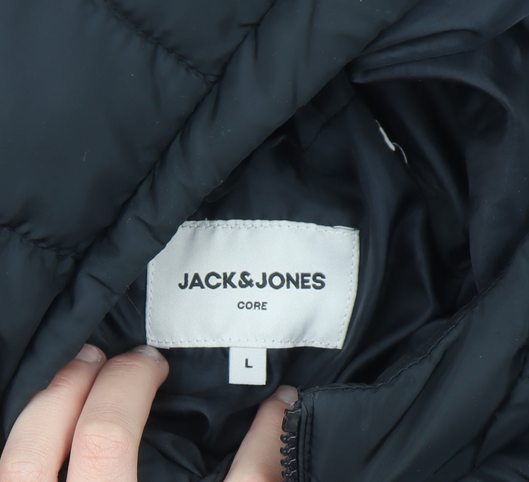 Jack & Jones Men's Black L Hooded Puffer Jacket Lightweight Winter Coat