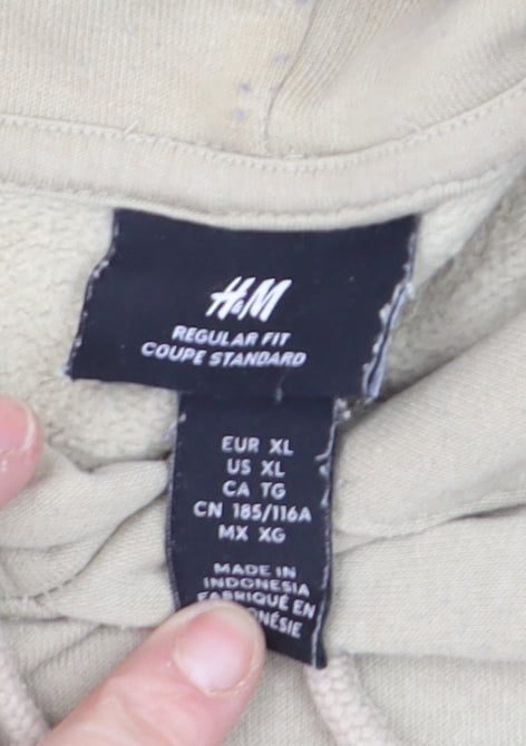 H&M Men’s Beige XL Pullover Hoodie Regular Fit Graphic Print