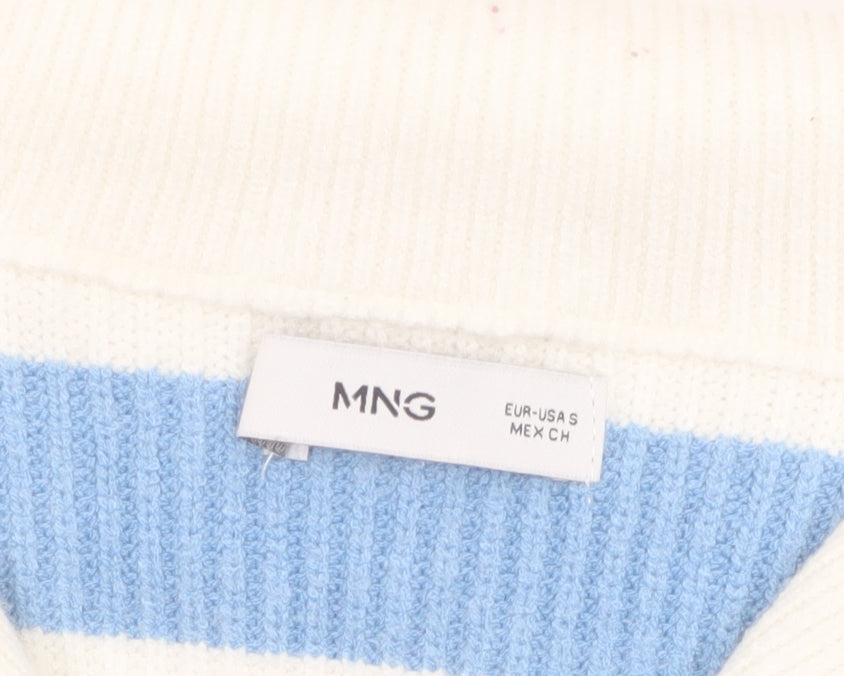 MNG Women’s Blue White Striped V-Neck Pullover Jumper Size S