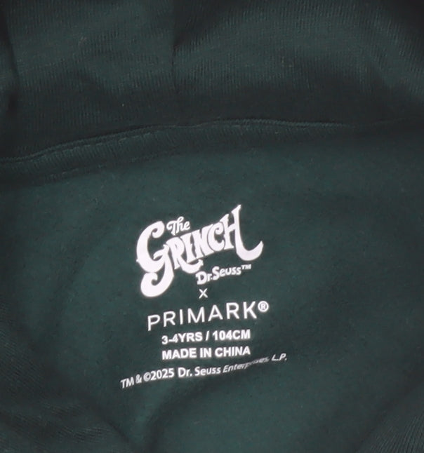Primark Boys Green The Grinch Hoodie 3-4 Years Pullover Christmas Sweatshirt