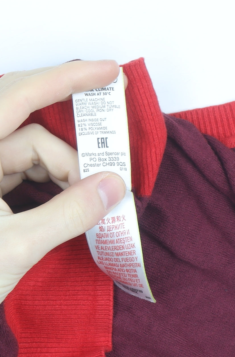 Marks & Spencer Women's Red Colourblock Knit Short Sleeve Top Size 10