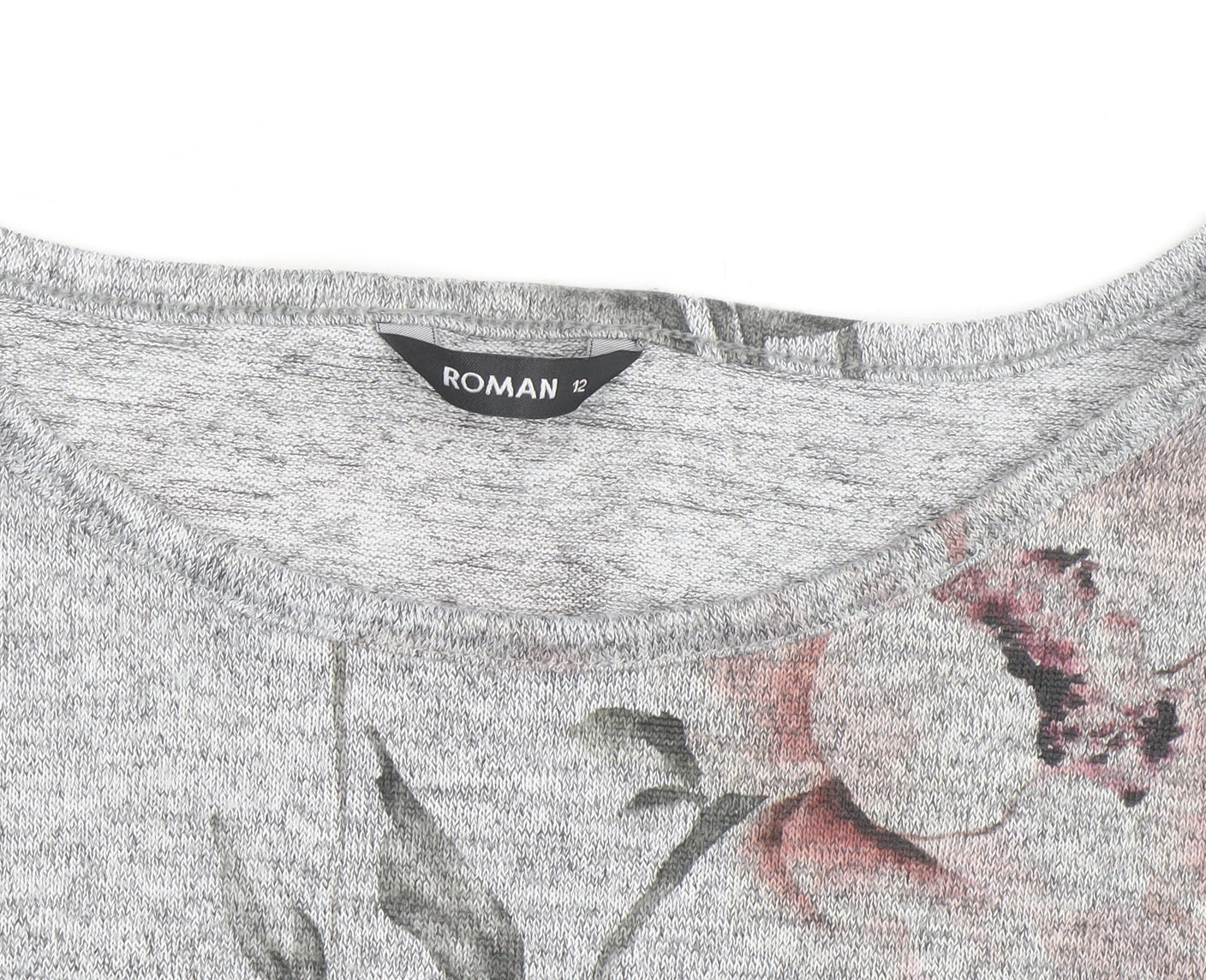 Roman Women’s Grey Floral Jersey 3/4 Sleeve T-Shirt Size 12