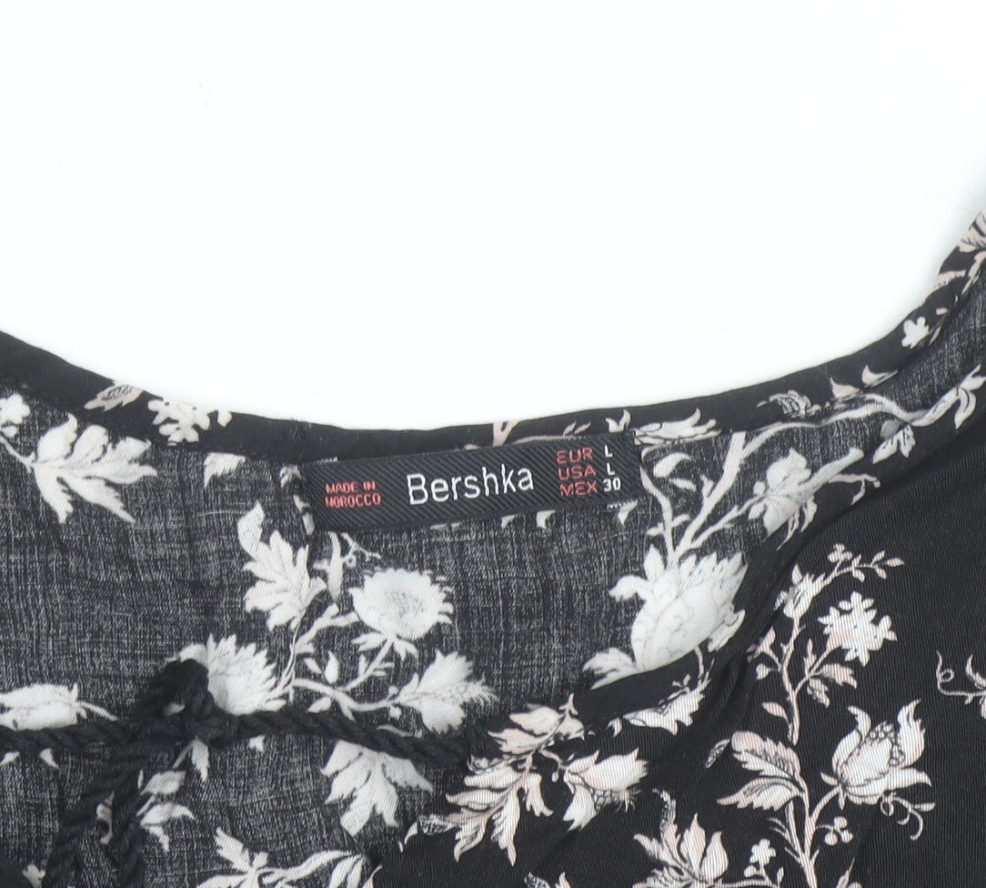 Bershka Womens Black Floral Tunic Blouse Size 12 Viscose Long Sleeve