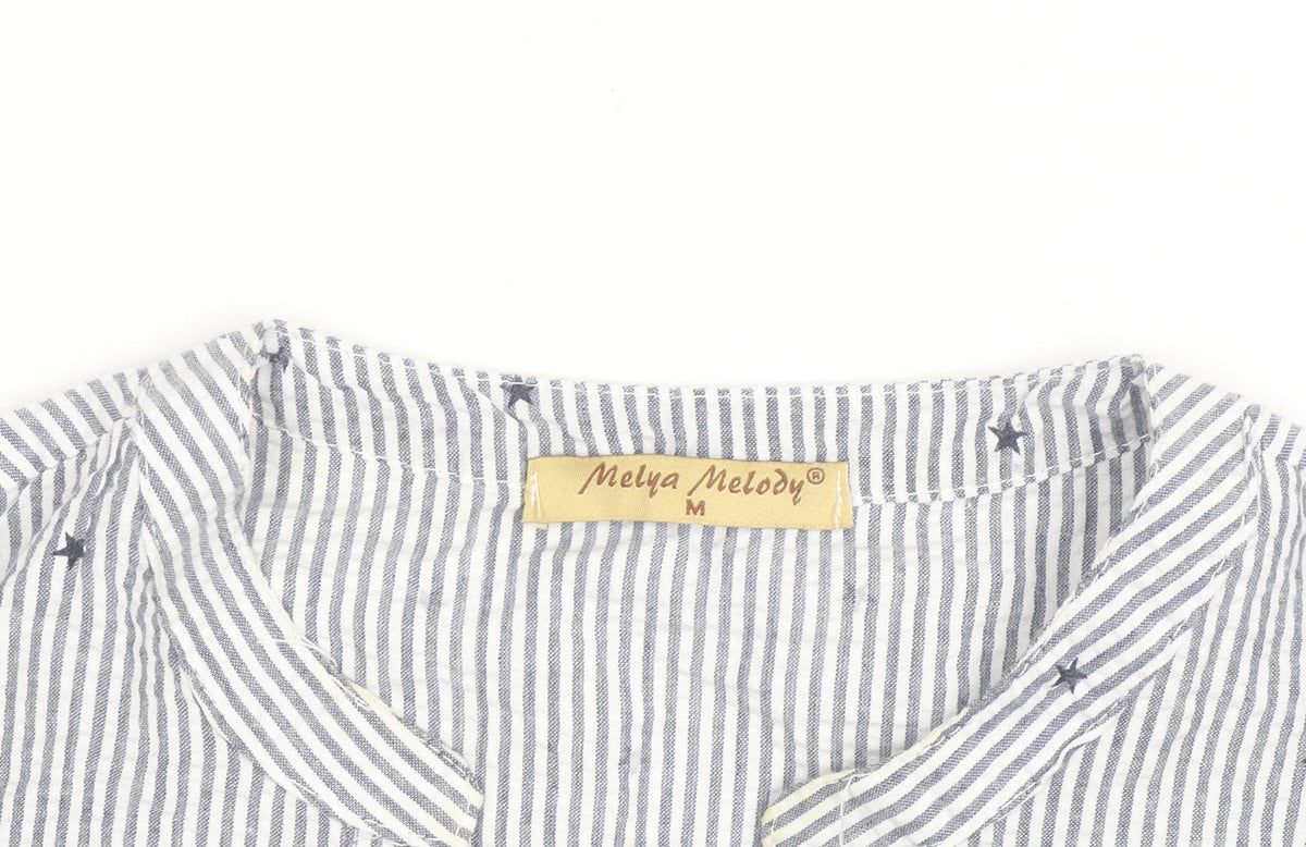 Melya Melody Women's Blue Striped Tunic Blouse Size M Cotton