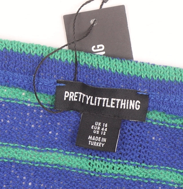 PRETTYLITTLETHING Women Blue Green Striped Mini Knitted Skirt UK 16