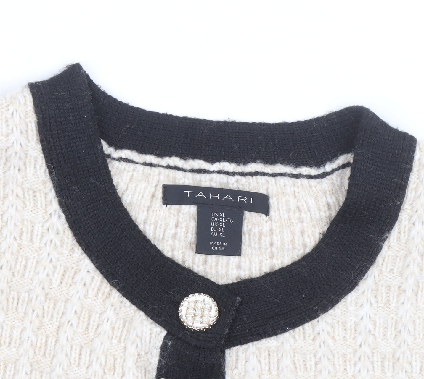 Tahari Women Beige Black Cardigan XL Long Sleeve Classic Knit