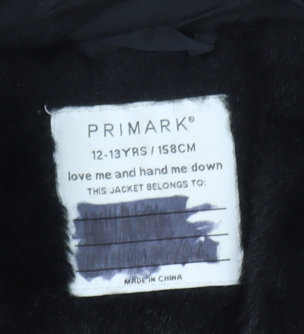 Primark Girls Black Hooded Puffer Jacket 12-13 Years Winter Coat