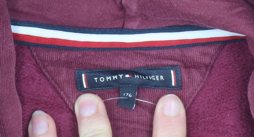 Tommy Hilfiger Boys Burgundy Hoodie Size 176cm Pullover Cotton Blend