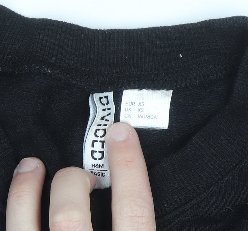 H&M Divided Women Black XS Pullover Sweatshirt with Love Embroidery