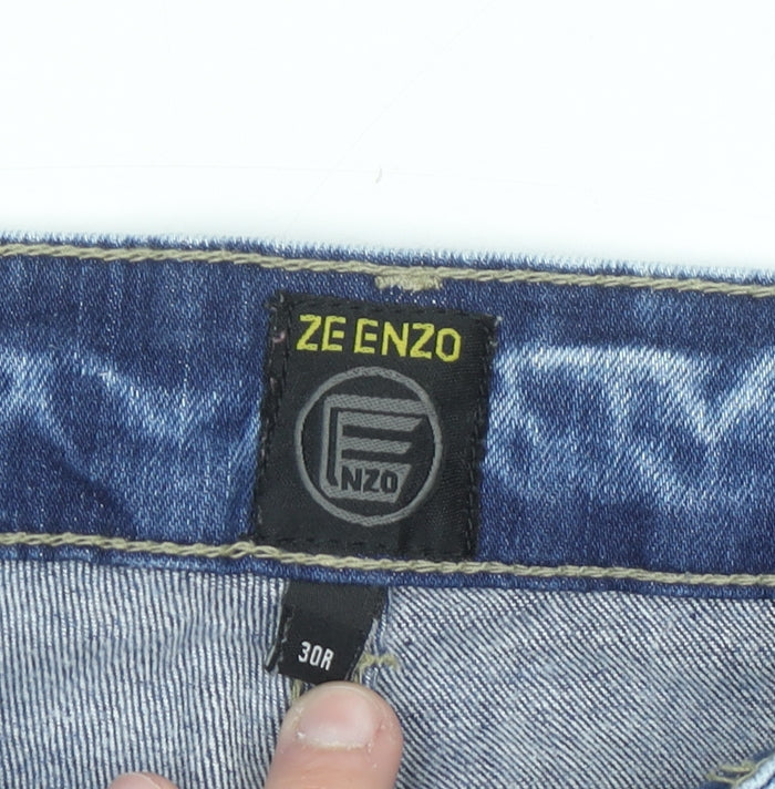 ZE ENZO Men's Blue Distressed Slim Fit Denim Jeans 30R