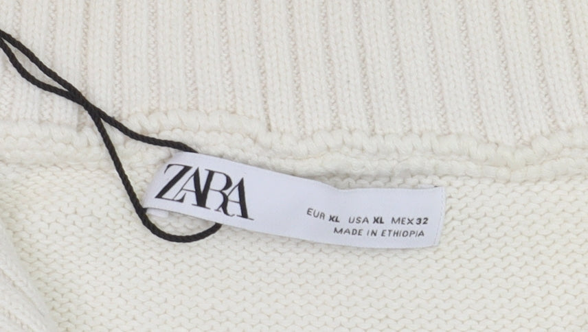 ZARA Women’s Ivory High Neck Zip Cotton Jumper XL Relaxed Fit