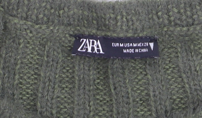 Zara Women Green Ribbed Knit Mohair Wool Short Sleeve Jumper Size 12