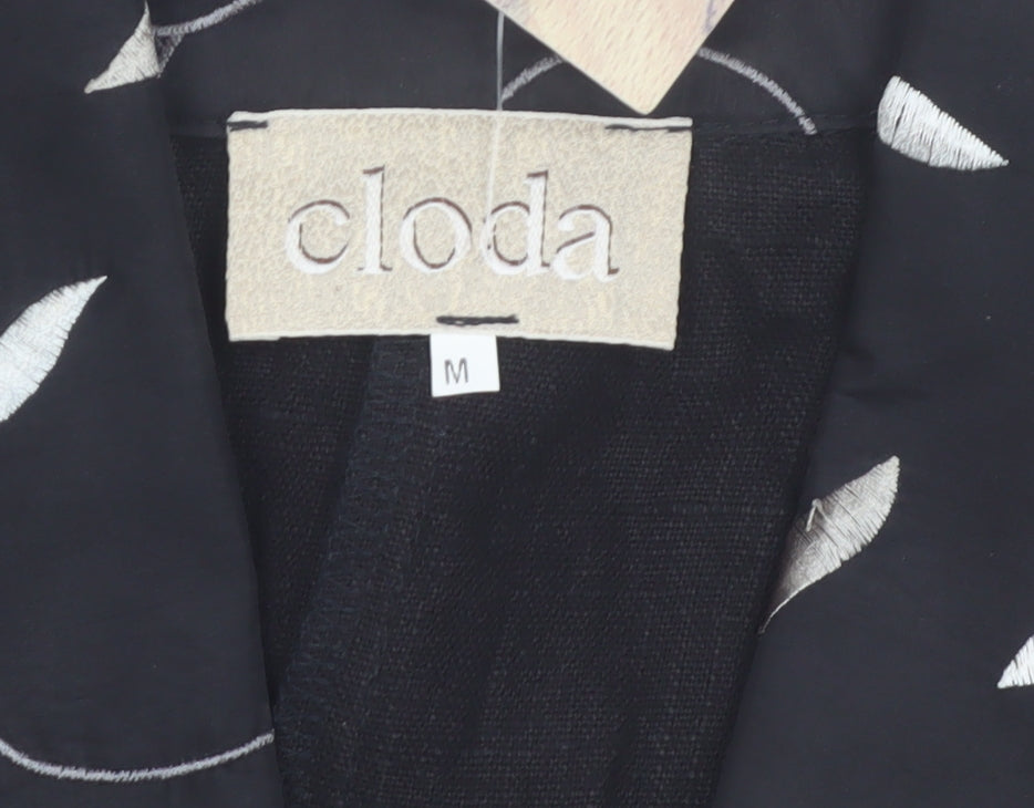 Cloda Women Black Linen Floral Trim Suit Jacket M