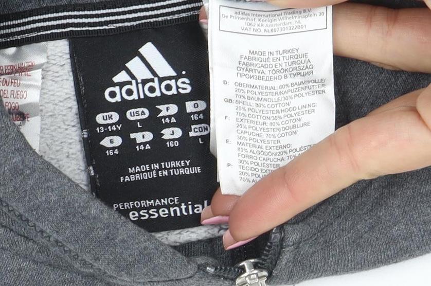 Adidas Boys Grey Full Zip Hoodie 13-14 Years Performance Essentials