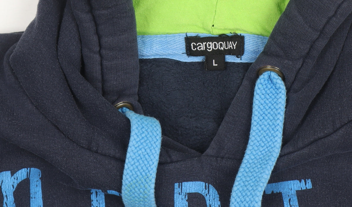 Cargo Quay Men’s Blue Pullover Hoodie L Graphic Fleece Lined