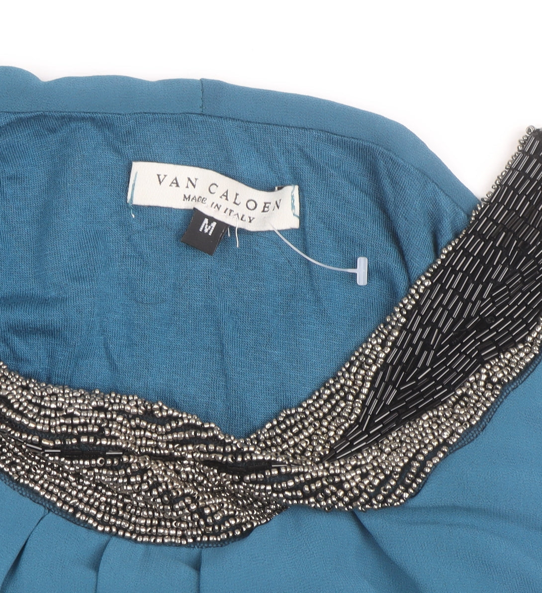 Van Caloen Women’s Blue Beaded Boat Neck Tunic Blouse Size M