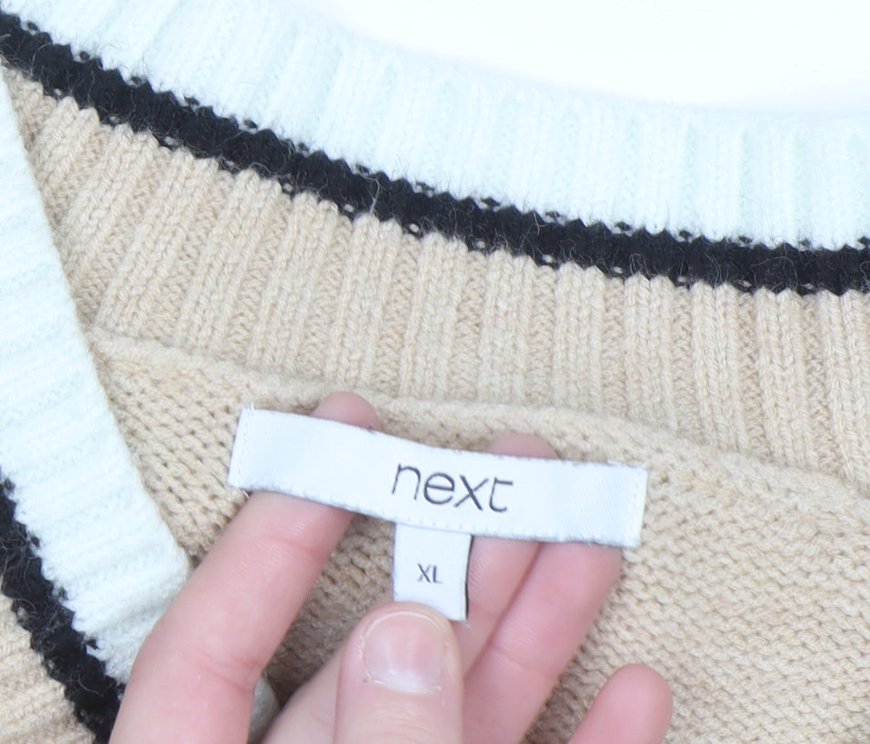 Next Men’s Beige V-Neck Knit Jumper XL Classic Casual Style