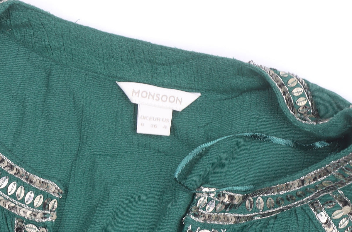 Monsoon Women Green Beaded Tunic Blouse UK 8 Viscose Long Sleeve