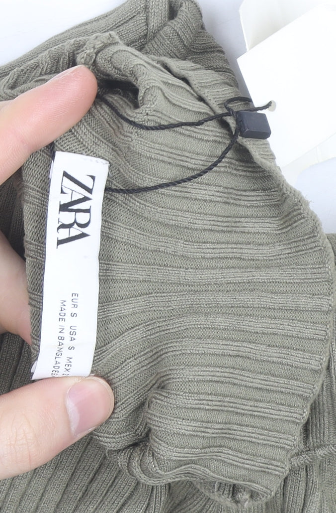 Zara Women Green Ribbed Mock Neck Long Sleeve Knit Top Size S