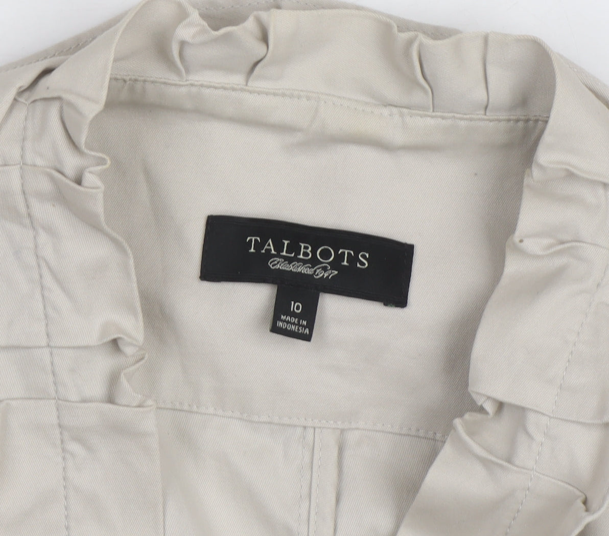 Talbots Women's Beige Ruffle Collar Blazer Size 10 Cotton Blend