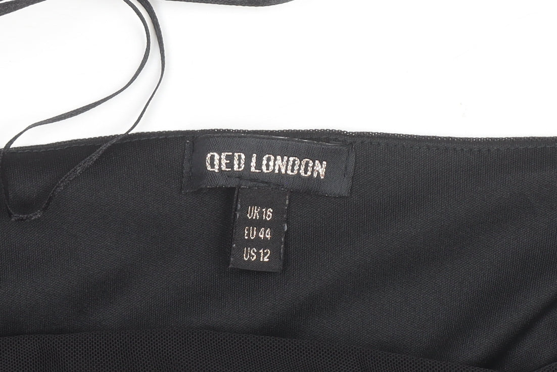 QED London Women's Black Size 16 Bodycon Ruched Mesh Long Sleeve Dress