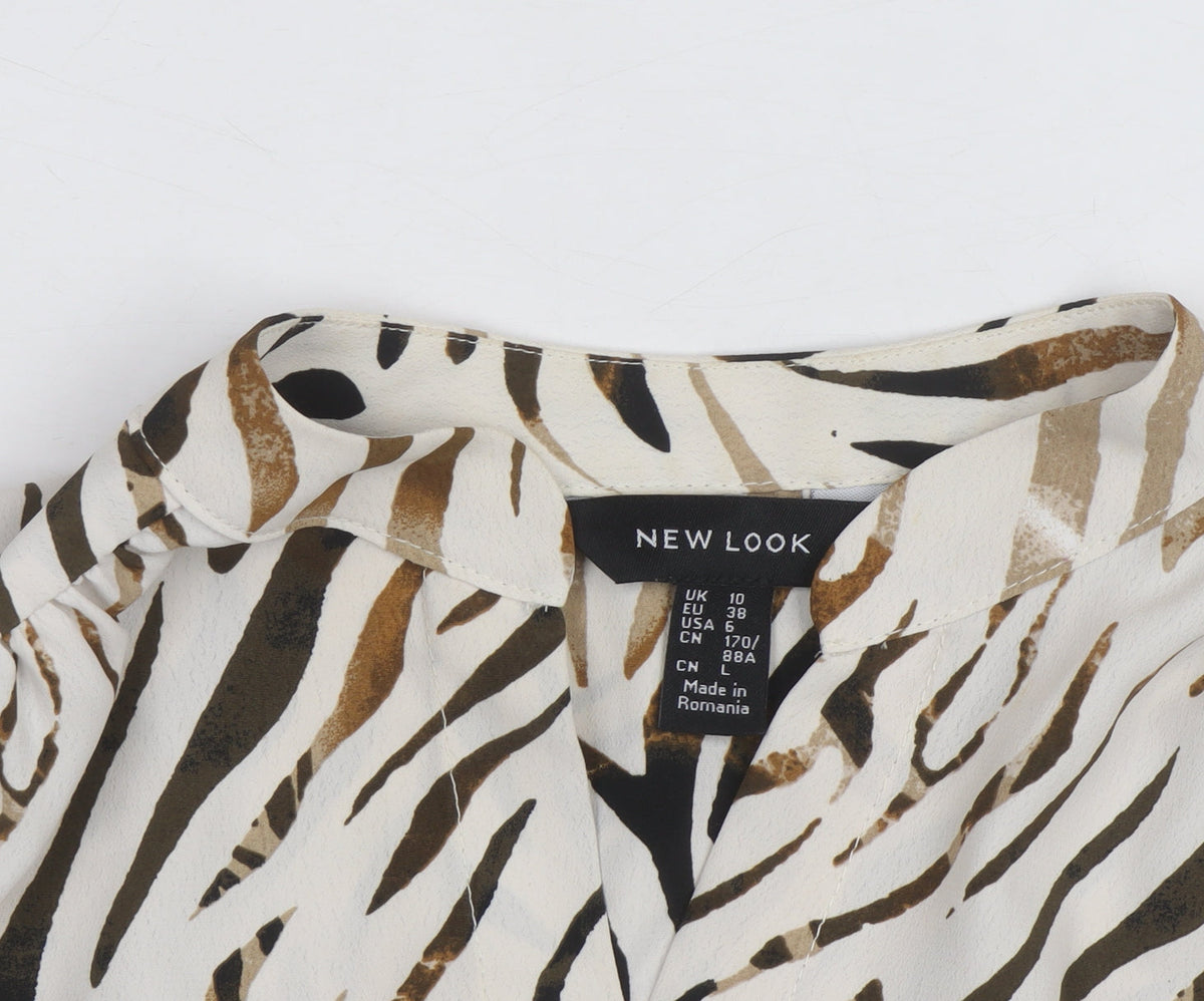New Look Women Beige Animal Print Blouse Size 10 Short Sleeve V-Neck
