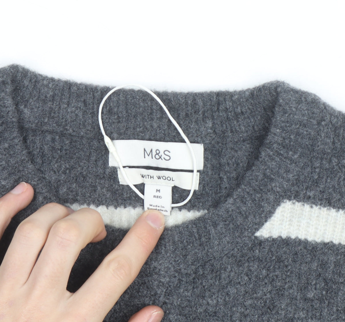 Marks & Spencer Men's Grey Striped Wool Blend Crew Neck Jumper M