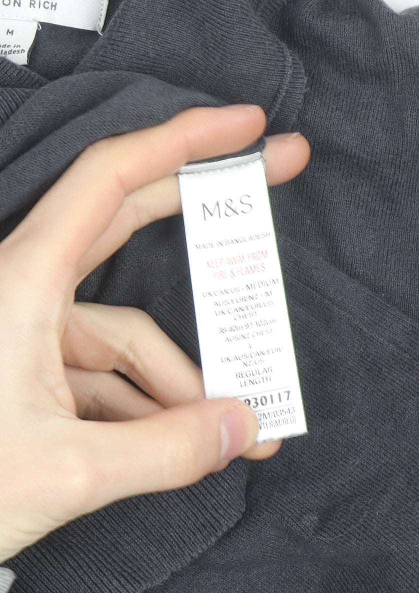 Marks & Spencer Men's Black Cotton Blend Long Sleeve Polo Shirt M