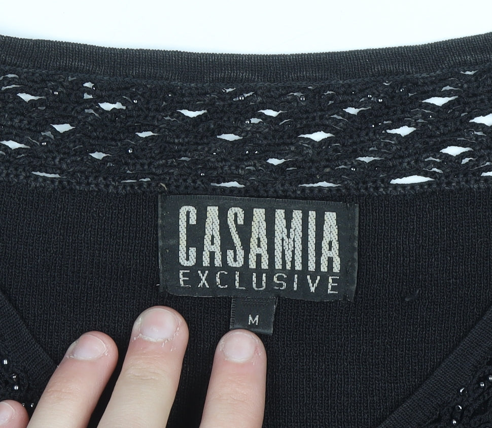 Casamia Women's Black Beaded V-Neck 3/4 Sleeve Pullover Jumper M