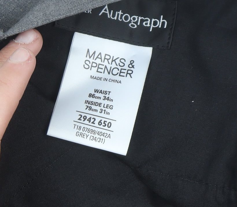 Marks and Spencer Men Grey Wool Dress Pants 34W 31L Regular Fit