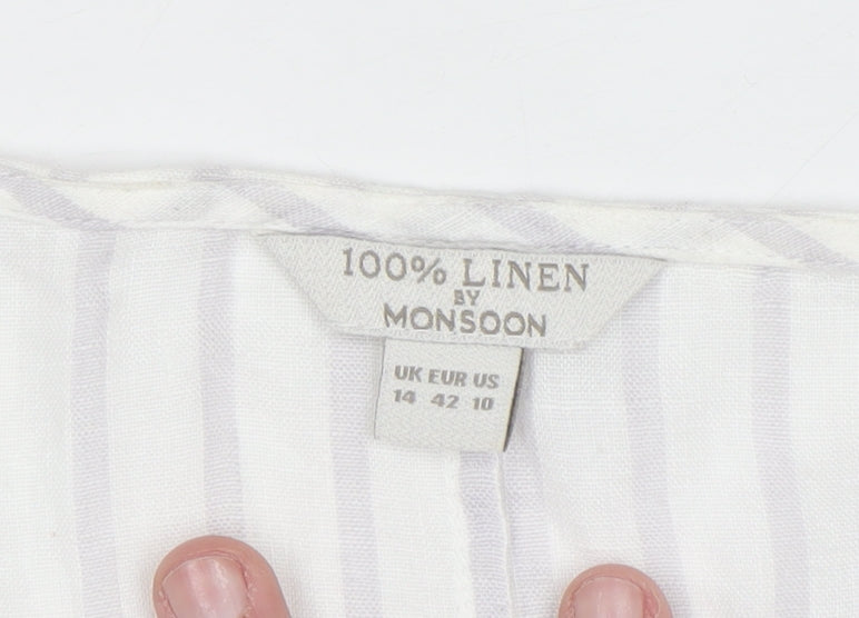 Monsoon Women’s White Linen Striped Button-Up Tunic Blouse Size 14