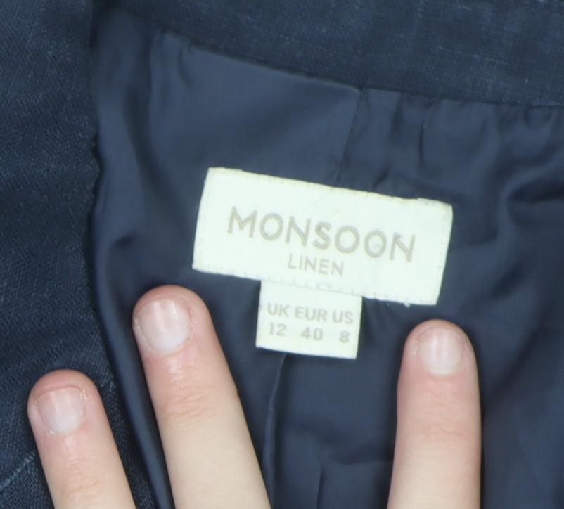 Monsoon Women’s Blue Linen Blazer Size 12 Classic Short Jacket