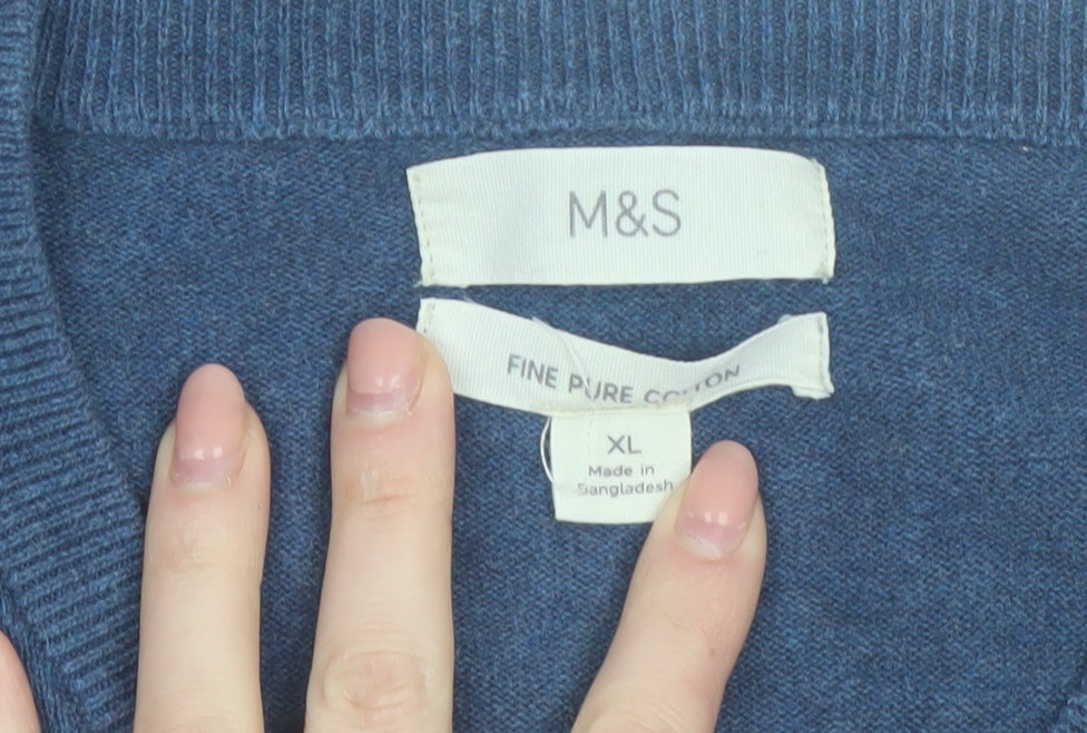 Marks & Spencer Men's Blue V-Neck Cotton Jumper XL