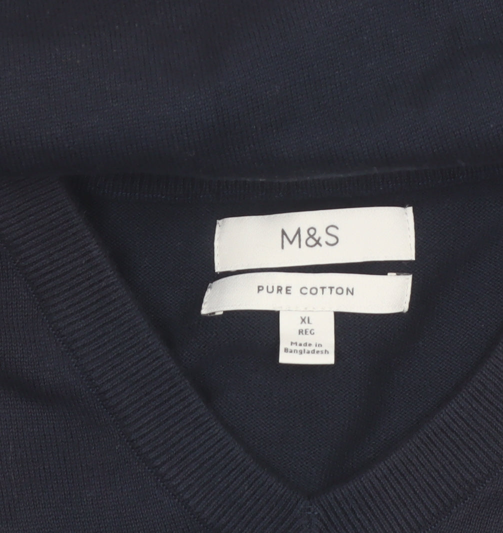 Marks & Spencer Men's Blue XL V-Neck Pure Cotton Jumper