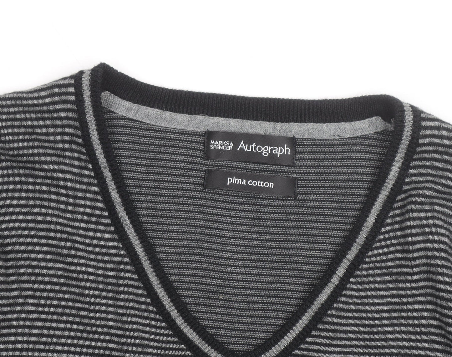 Marks & Spencer Autograph Men's Grey Striped V-Neck Cotton Jumper Size L