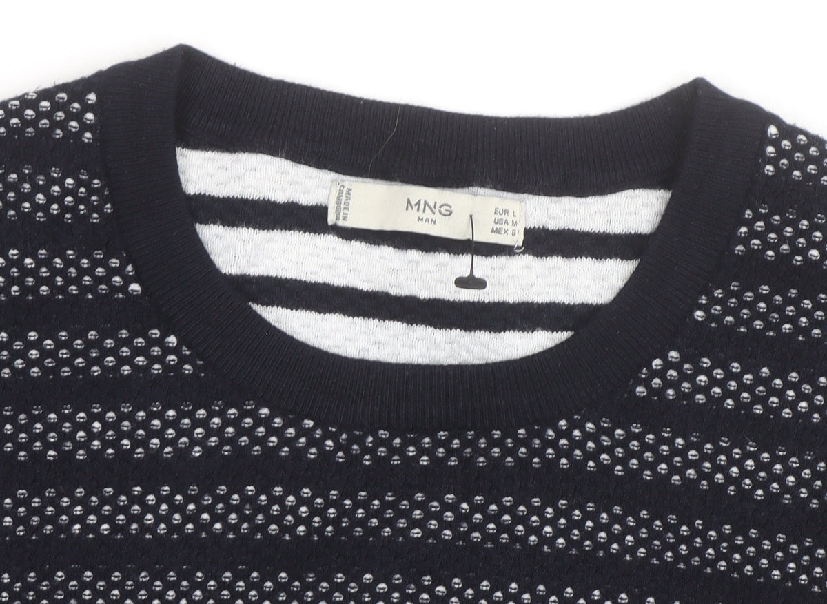 Mango Men Blue Striped Cotton Crew Neck Jumper Size L