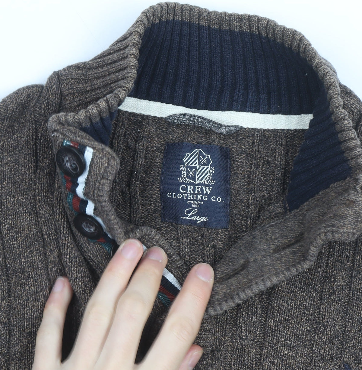 Crew Clothing Men’s Brown Cotton Cable-Knit Henley Jumper Large