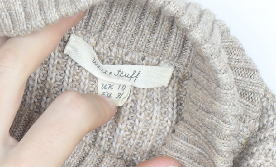 White Stuff Women Beige Wool Cotton Cable Knit Roll Neck Jumper UK 10