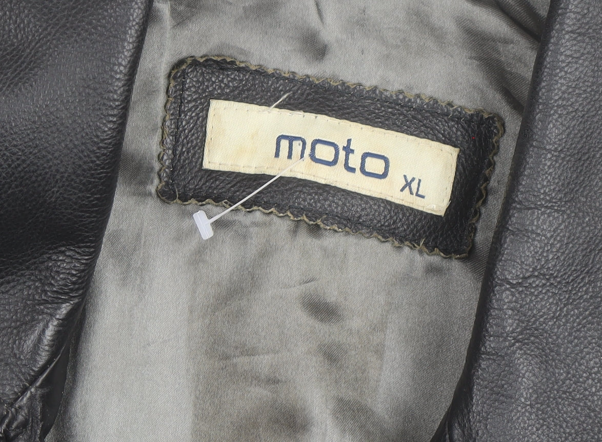 Moto Men's Black Leather Long Overcoat XL Button-Up Lined Jacket